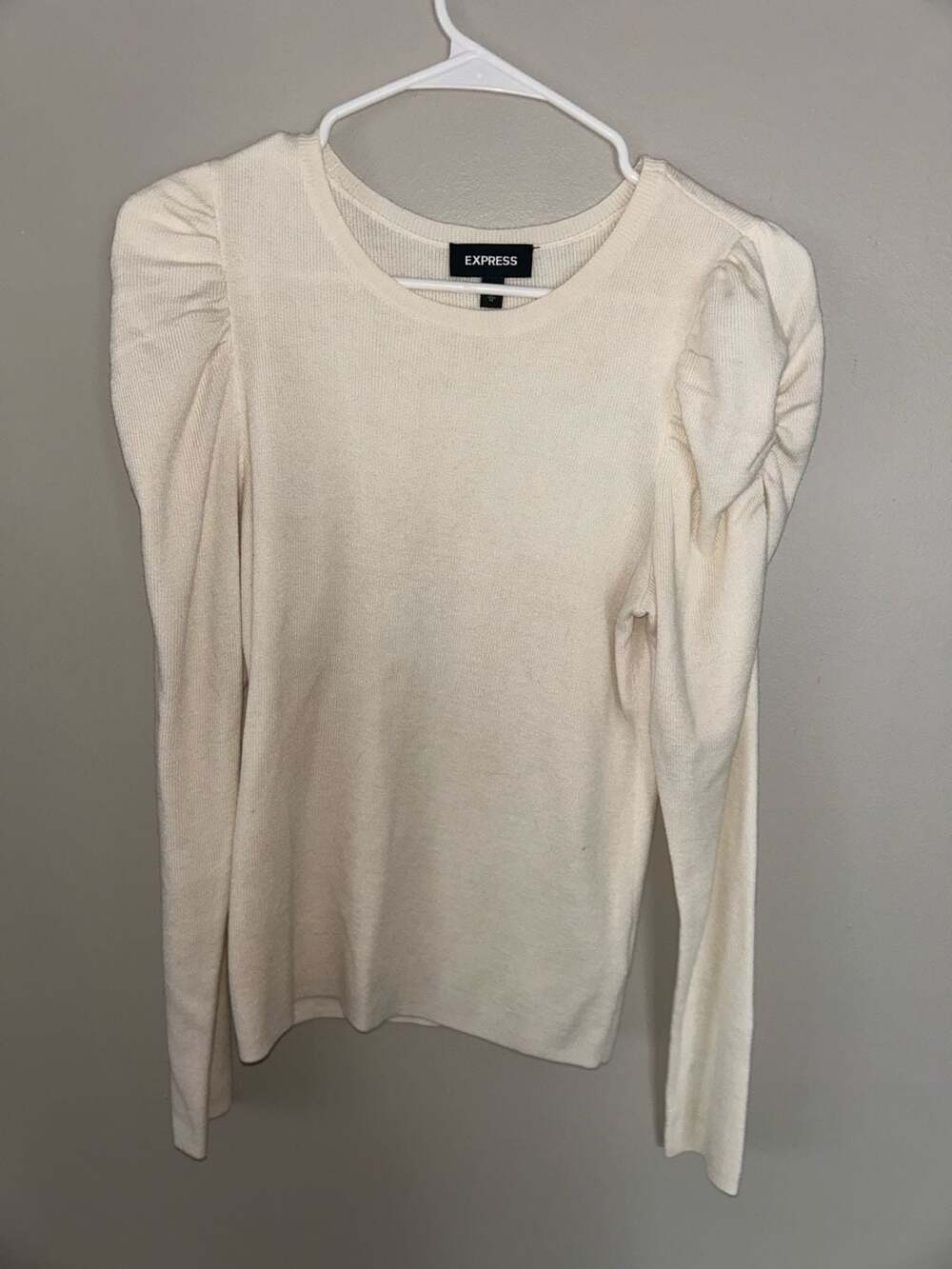 Express White Puff Shoulder Long Sleeve Crew Neck Ribbed Knit Sweater